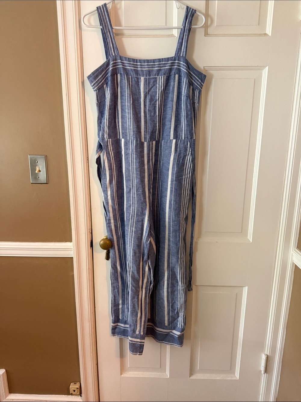 Nautica Blue and White Striped Sleeveless Linen-Blend Jumpsuit